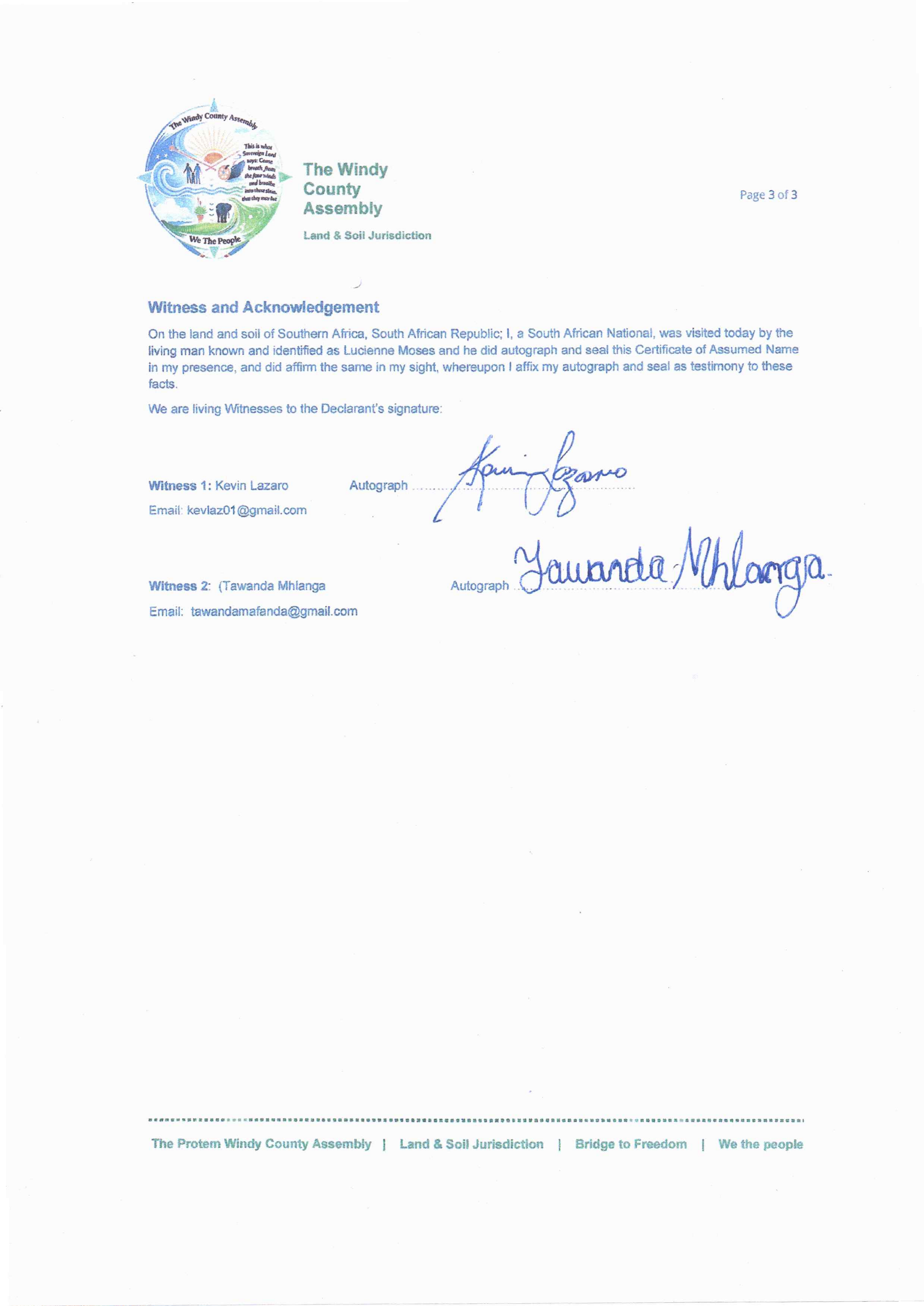 Public Notice The Windy county - Recording number 341221106 Certificate of assumed name